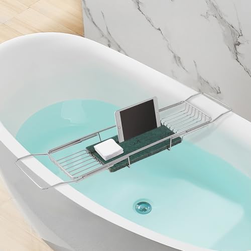 Expandable Bathtub Tray Caddy Shelf with Marble Table Mobile/Tablet Stand, Luxury Bath Tub Tray Rack, Bathroom Home Spa Shower Accessories Perfect Relaxing Spa Gifts for Women, Towel - color: Silver Rack+green Marble Board
