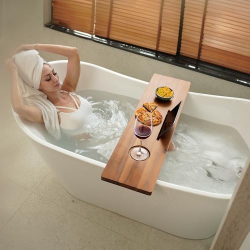 Tinamo Acacia Bathtub Caddy Tray Table | 35x9 Inch Large Bath Tub Wooden | Anti-Tipping, Sustainable Tub Tray for Bath tub | Bath-tub Accessories Holders for Bath-tub (Acacia, 35" x 9" x 2.5") | Acacia Wood, 35" x 9" x 2.5", Custom Legs, Phone/Tablet & Dr