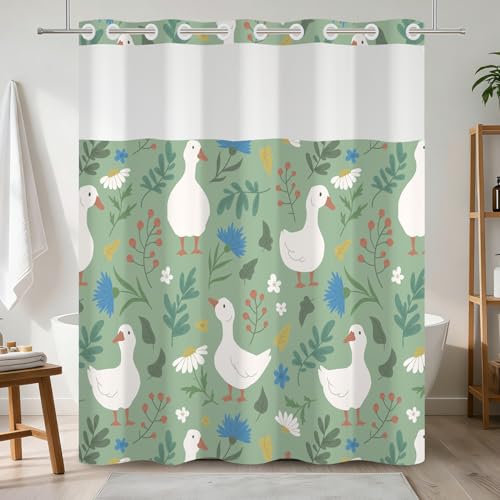No Hook Shower Curtain with Snap-in Liner Set 71x74 Inch | Farmhouse Goose Shower Curtain with Mesh Top Window, Cute Animal & Floral & Botanical Bath Curtain, Waterproof Washable - color: Goose