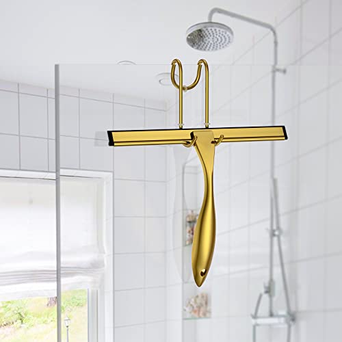 Shower Squeegee for Glass Door 12-Inch Stainless Steel Bathroom Squeegee Window Wiper, 100% Streak-Free, Includes Shower Door Hook and Adhesive Hook, for Window Mirror Tiles Car All-Purpose Squeegee - color: Gold, size: 12-Inch