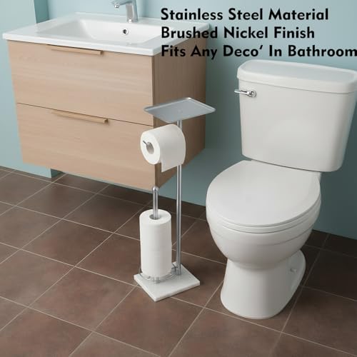 Toilet Paper Holder with Shelf, Free Standing Toilet Paper Holder with Storage - Toilet Paper Stand for Holding Extra 3 Rolls, Tissue Holder for Bathroom (Brushed Nickel with Marble Base) - color: Brushed Nickel With Marble Base
