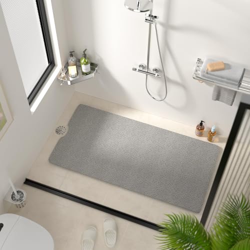 HITSLAM Non Slip Bathtub Mat 40 x 20 Inch, Extra Long Bath Mat for Tub, Soft PVC Loofah Shower Floor Mat with Drain, Quick Drying Bathroom Tub Mat for Wet Area, Without Suction Cup, Grey - color: Grey, size: 40" x 20" (Rectangular)