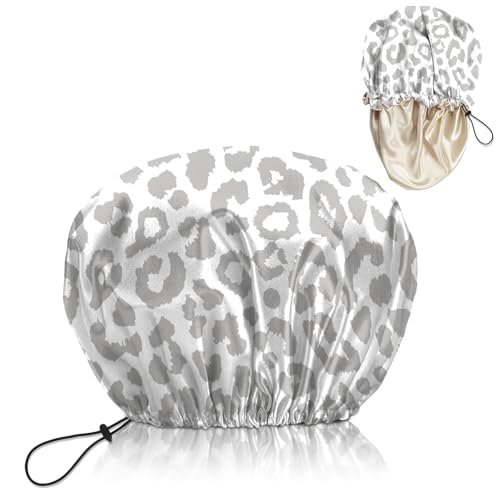 Luxury Shower Cap Satin Lined Reusable Waterproof Double Layer Elastic Adjustable Hair Bath Cap Cute Aesthetic Women Girls-White Leopard - color: F13-White Leopard