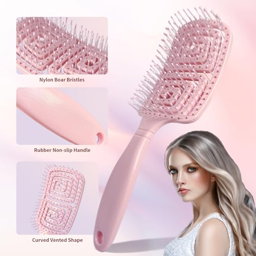 11PCS Hair Brush Set, Round Brush and Paddle Hair Brush Great On Wet Long Thick Hair, Detangling Brush and Spray Bottle for Wavy Curly Hair Pink