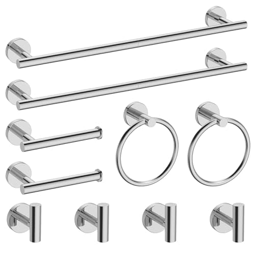 Newfun 10-Pieces Bathroom Hardware Set, Includes 24 Inch Towel Racks for Bathroom Wall Mounted, Toilet Paper Holder, Towel Hooks for Bathrooms, Towel Rings for Bathroom Wall (Polished Chrome) - color: Polished Chrome-ring