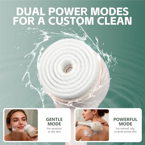 Electric Body Brush Back Scrubber for Shower, Waterproof Long Dual Handle Power Body Scrubber with 4 Heads, Bath Brush & 2 Speeds, for Deep Cleansing, Exfoliating and Massaging Skin (Beige) - color: Beige