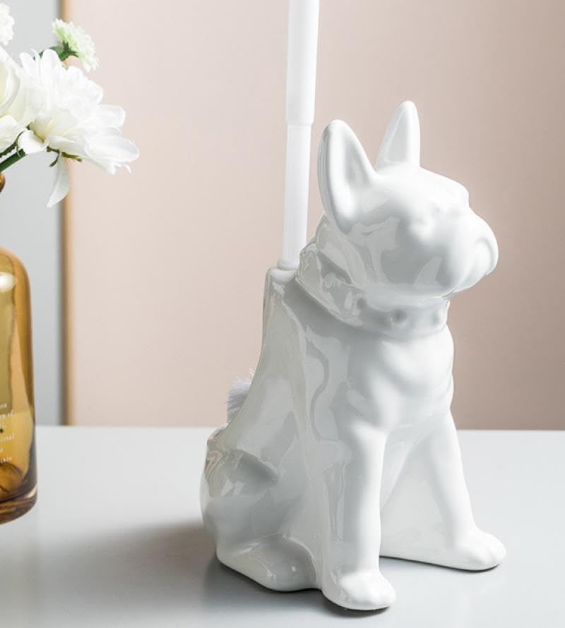 Comeon Ceramic Dog White/Black Toilet Brush and Holder Set, Plastic Handled Scrub Brush for Bathroom Cleaning,13.7"*6.3" (White) - color: White, size: Dog