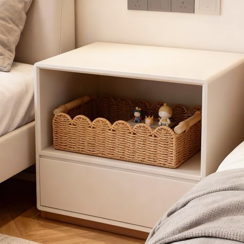 Set of 2 Paper Rope Scalloped Edge Decor Baskets, Small Storage Basket and Toilet Paper Basket for Toilet Paper Storage, Bathroom, Living Room, Bedroom & More, 2 Wooden Handles, Neutral