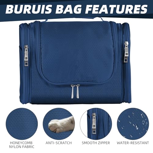 Buruis Hanging Toiletry Bag for Women and Men, Large Water-Resistant Makeup Organizer with Sturdy Hook, Lightweight Nylon Dopp Kit for Full-Sized Toiletries & Cosmetics, Blue - color: Blue, size: Large