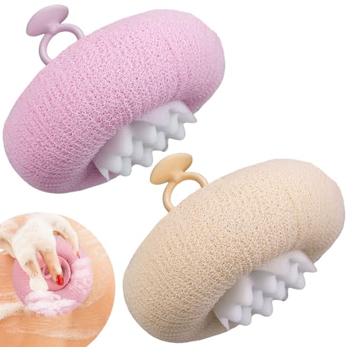 2Pcs Upgrade 2-in-1 Sunflower Bath Ball,Super Soft Sunflower Suction Cup Bath Ball，Bath Loofah with Suction Cup, Exfoliating Bath Sponges for Shower Women Men(Beige+Purple) - style: Beige+Purple