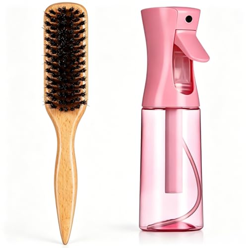 Slick Back Hair Brush,Natural Soft Boar Bristle Hair Brush and Spray Bottles,Made of Soft And Smooth Boar Bristles - Wide Teeth Shape And Define Curls - Styles Women Curly Hair (PINK)
