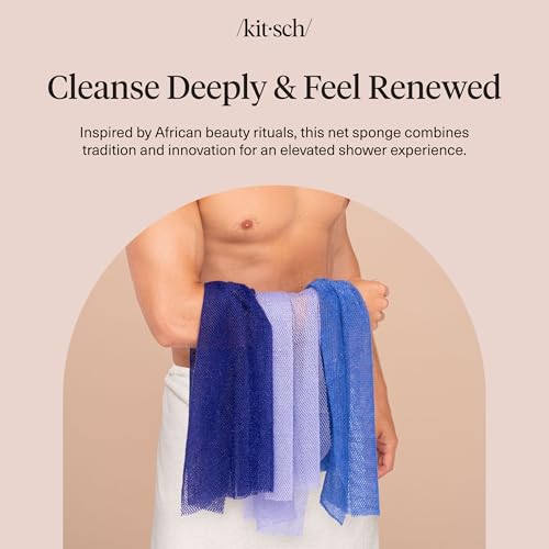 Kitsch African Net Sponge – Exfoliating Body Scrubber for Cleansing & Gentle Daily Exfoliation – Stretchable Bath Sponge for Hard-to-Reach Areas, Long-Lasting Shower Essential - Ocean Blue, 3 Pcs - color: Ocean Blue