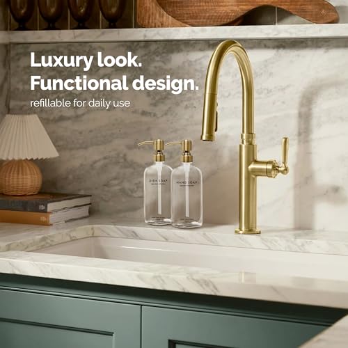 Vine Creations Clear Glass Soap Dispenser Set, Dish Soap and Hand Soap Dispenser Set with Stainless Steel Pump, 16 oz Glass Dispensers for Kitchen Bathroom Decor (Clear Bottle/Brushed Brass Pump) - color: Clear Bottle / Brushed Brass Pump