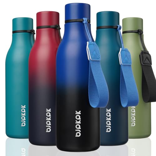BJPKPK Insulated Water Bottles, 18 oz Stainless Steel Metal Water Bottle with Strap, BPA Free Leak Proof Jugs, Mugs, Flasks, Reusable Thermal Flasks for Sports & Travel, Blue Black - color: Blue/Black, size: 18 Ounces, style: 18oz