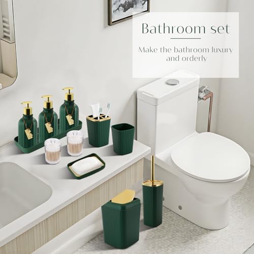 17PCS Bathroom Accessory Set Bathroom Set Hunter Green Bathroom Accessories,Toilet Brush, Trash Can, Qtip Holder Dispenser& 3PCS Soap Dispenser - size: Bath Set with Swing-Top Trash Can, style: Dark Green