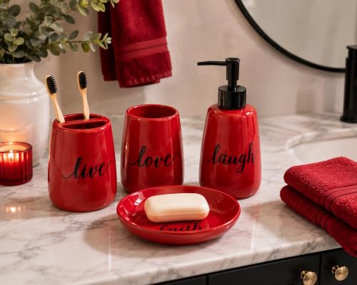 Red Ceramic Bathroom Accessories Set, 4 Piece Farmhouse Bathroom Decor, Soap Dispenser, Toothbrush Holder, Tumbler & Soap Dish, Live Love Laugh Faith Bathroom Countertop Set - style: red