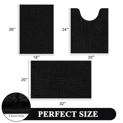 Vaukki Bathroom Rugs Sets 3 Piece, Black Washable Non Slip Soft Bath Mats for Shower and Tub, Plush Absorbent Microfiber Toilet Rug U Shaped, 32x20+26x18+24x20 Inch - color: Black, size: 18''x26''+20''x32''+20''x24''