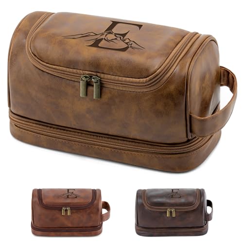 Personalized Gifts Travel Toiletry Bag for Men, Laser-Engraved Initial Waterproof PU Leather Shaving Bag Valentines Easter Birthday Gifts for Men Dad Husband Son Groomsmen Light Brown E - color: Light Brown, style: E