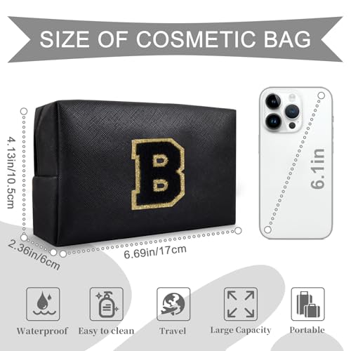 Personalized Initial A-Z Preppy Patch Makeup Bag,Small PU Chenille Letter Cosmetic Bag with Zipper for Teen Girls,Black Cute Toiletry Organizer Bag,Monogram Makeup Case Gift for Women Girls,Letter B - color: Black,Black-Letter, size: B