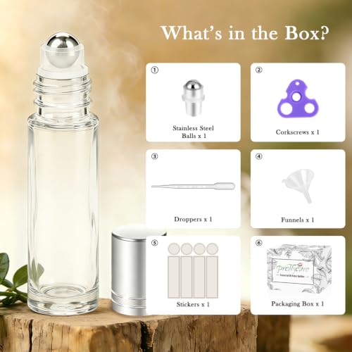 PrettyCare 4 Pack, 10 ml Essential Oil Roller Bottles with Stainless Steel Roller Ball - Refillable Leak-proof Empty Thick Clear Glass Roll on Bottles with Silver Caps for Travel, Perfume - color: Frosted with Silver Cap, size: 4 Pack