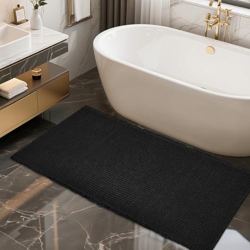 ZALL Waffle Bath Mat Black Super Absorbent Non Slip Bathroom Rug,Rhombus Geometric 24x48inch,Machine Washable Ultra Soft Floor Mats - color: Black, size: 24 x 48 inches(Rectangular)