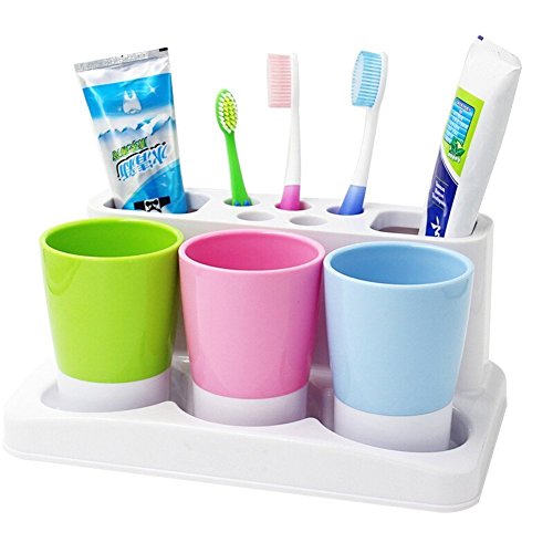 Toothbrush Holder 5 Hole Toothpaste Stand Bathroom Organizer with 3 Rinse cups for Family Set