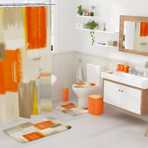 XLHOMO Bathroom Accessories Set - 25PC Bathroom Set with Shower Curtain and Rugs, Orange Bathroom Set, Bathroom Accessory Set with Press-on Lid Trash Can, Soap Dispenser and Qtip Holders for Home - color: Orange & Gold 1, size: Plaid Complete Set + Bath R