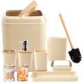 Beige Bathroom Accessories Set 9 Piece Bathroom Accessory Set with Trash Can,Toothbrush Holder,Toothbrush Cup,Lotion Soap Dispenser,Vanity Tray,Soap Dish,Toilet Brush,Qtip Holder - size: Bath Set, style: Beige