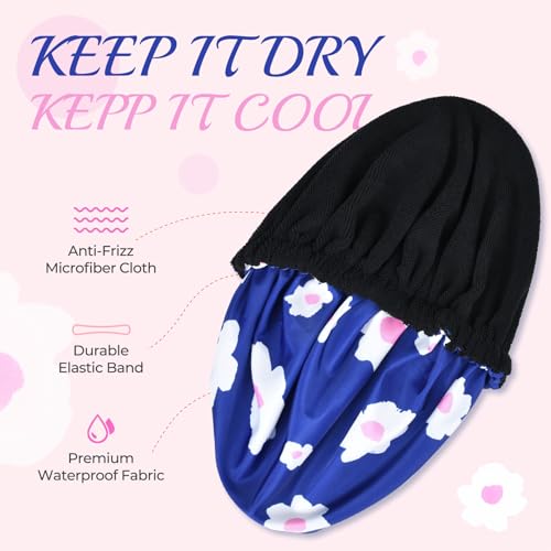 Shower Cap for Women Terry Lined Bath Cap Large Reusable Waterproof Elastic Band Blue Shower Caps for Long Thick Hair Soft Bath Shower Hair Caps - color: Blue Flowers