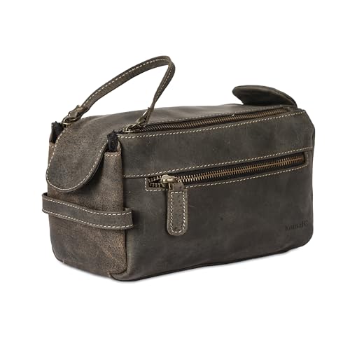 KomalC Premium Buffalo Leather Toiletry Bag for Men & Women With Water resistant Lining, Grooming Travel Pouch, Unisex Wash Bag for Toiletries, Gifts for Men and Women - color: Charcoal Black