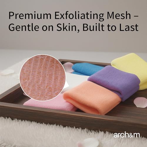 ARCH&M Exfoliating Washcloth Towel, Purple, 3-Pack | Textured Nylon, Korean Bath Scrub & Japanese Washcloth, For Body, Back, & Legs, For Ingrown Hairs & Smooth Skin - style: Purple x 3