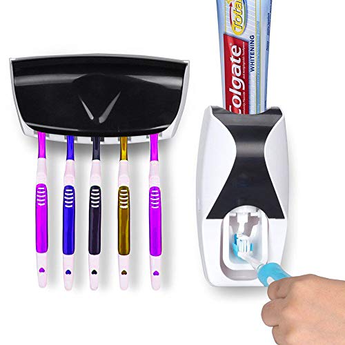 RC Auto Toothpaste Dispenser, Hands Free Toothpaste Squeezer Wall-Mount Toothbrush Holders Bathroom Organizer with 2 Hooks, Sticks & Cleaning Brush White