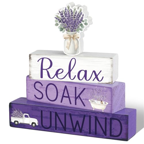 Cinnvoice 4 Pcs Lavender Bathroom Decor Farmhouse Bathroom Decoration Relax Soak Unwind Table Centerpiece Gift for Christmas Valentines Back to School - style: Lavender Relax Soak Unwind