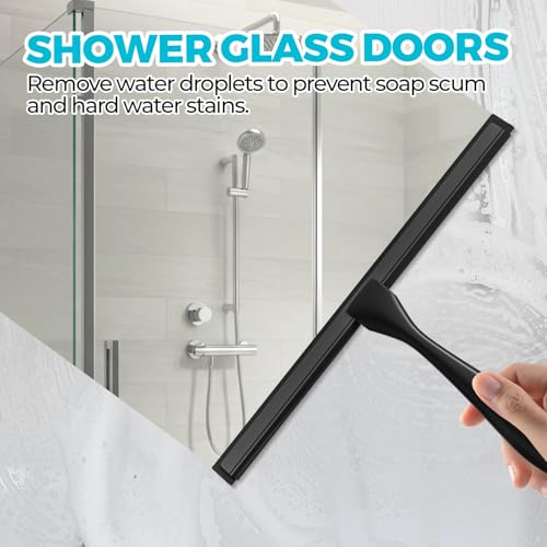 ALFLOD Shower Squeegee for Glass Doors, Tile Walls, Mirrors and Windshields | 9.5" black, bathroom accessories, window cleaner, new home essentials, silicone blade, metal handle, adhesive hook - color: Black, size: 9.5 inch