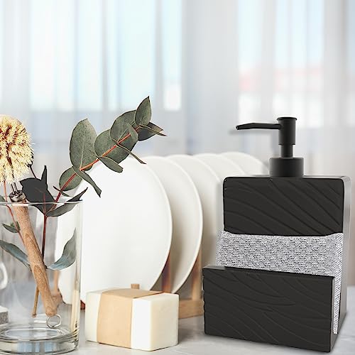 Ceramic Soap Dispenser With Sponge Holder for Kitchen Sink, 2 in 1 Liquid Hand Soap Container With Funnel for Countertop, Bathroom, Matte Black - style: Wavy Pattern Design-Matte Black