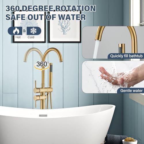 Freestanding Bathtub Faucet Floor Mount Tub Filler Brushed Gold High Flow Shower Faucets with Handheld Shower Mixer Taps Swivel Spout for Bathroom