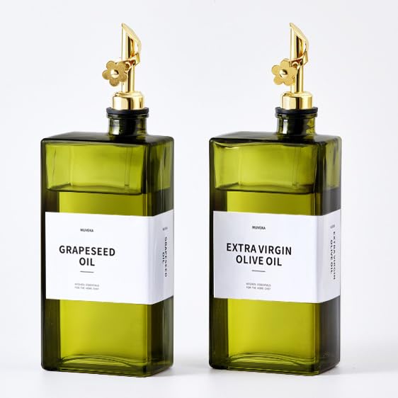 Olive Oil Dispenser Bottle for Kitchen, 16.9oz /500ml Cooking Vinegar Dispenser Bottle Set, Glass Sauce Container, Labels, Brush, Funnel, Stoppers, Green for Oil, Wine - color: Golden
