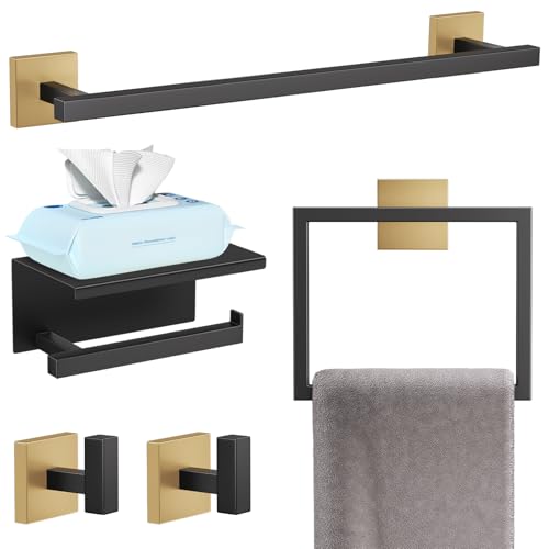 YACVCL 5-Pieces Black and Gold Bathroom Hardware Accessories Set Stainless Steel Bathroom Towel Bar Set Towel Holder Set for Bathroom,Upgraded Toilet Paper Holder with Shelf,Wall Mounted 23.6" - color: Black&gold, size: 5Pcs