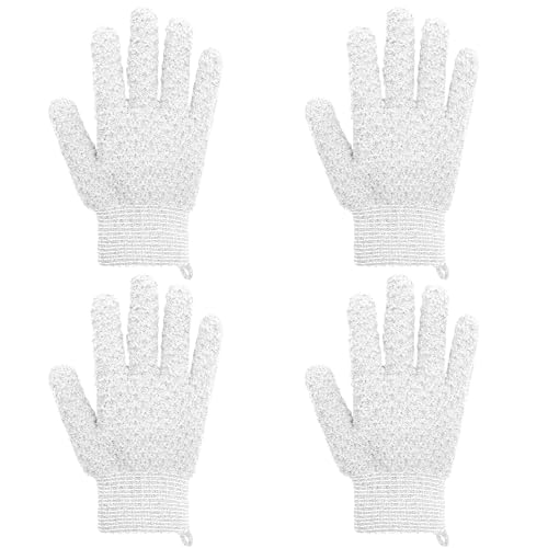 Exfoliating Bath Gloves 2 Pairs - Heavy Texture Body Scrub Gloves for Shower, Spa, Massage and Body Scrubs, Dead Skin Remover, Washing Gloves with Hanging Loop(Milk White) - color: White