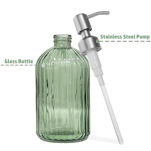 14Oz Green Soap Dispenser Bathroom, Clear Glass Hand Soap Dispensers with Stainless Steel Pump, Refillable Dish Soap Dispenser with Funnel for Kitchen, Countertop Soap Dispensers - color: Green