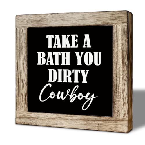 Western Bathroom Decor, Wooden Take A Bath You Dirty Cowboy Signs, Home Restroom Shelf Decorative Signs, Farmhouse Toilet Table Shelf Wooden Box Decoration 5.9×5.9 inch - color: color30