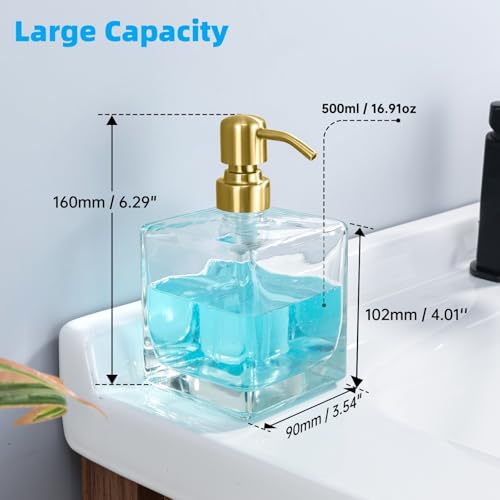 Square Bathroom Soap Dispenser Brushed Gold, 16 oz Glass Bottles with Stainless Steel Pump Retangle Cube Liquid Large Capacity Soap Dispenser Kitchen - color: Gold, size: 16.9oz-Square