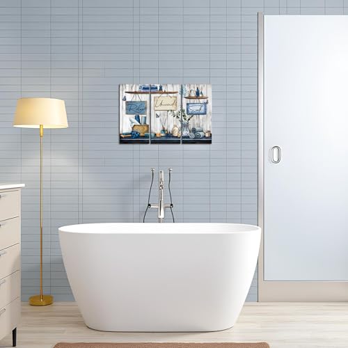 sechars Bathroom Wall Art Relax Unwind Soak Signs Canvas Prints Blue Spa Decor, 8x16 Inches Each, Framed (Blue) - color: Blue