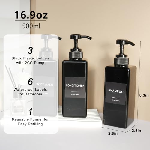 Shampoo and Conditioner Dispenser, Refillable Plastic Shampoo Pump Bottles with Waterproof Labels, Empty Body Wash Dispenser Set for Bathroom, Shower Soap Bottles (Black, Set of 3, 16.9oz) - color: Black