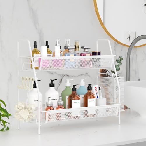 VITVITI 2-Tier Bathroom Organizer Countertop, Metal Wire Mesh Bathroom Counter Organizer Storage with Basket Hooks, Vanity Tray Shelf, Kitchen Spice Rack, White - color: 2 Tier Large White