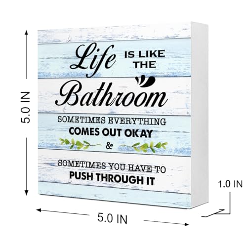 BlueL Life is Like The Bathroom Wooden Box Sign Desk Decor,Funny Bathroom Wood Block Sign for Farmhouse Toilet Shelf Decor - color: Blue Rustic Wood