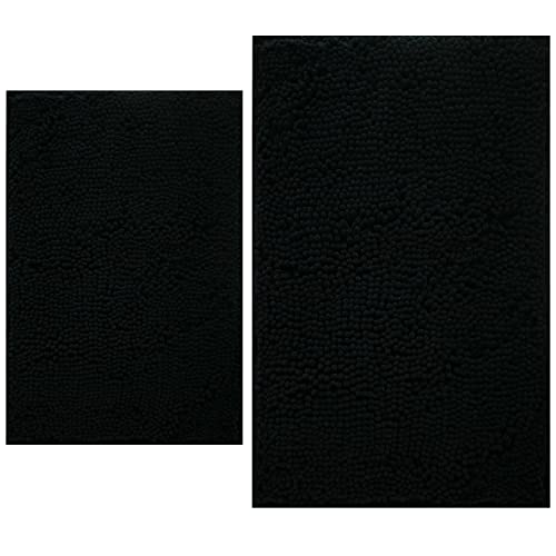 Bathroom Rugs Sets 2 Piece, Extra Soft Chenille Bath Mat Ultra Absorbent Bathroom Rug, Bathroom Mat with Sturdy PVC Non-Slip Bottom, Machine Washable Bath Rugs (20x32 Inch + 16x24 Inch, Black) - color: Black, size: 16" x 24" + 20" x 32" (Rectangular)