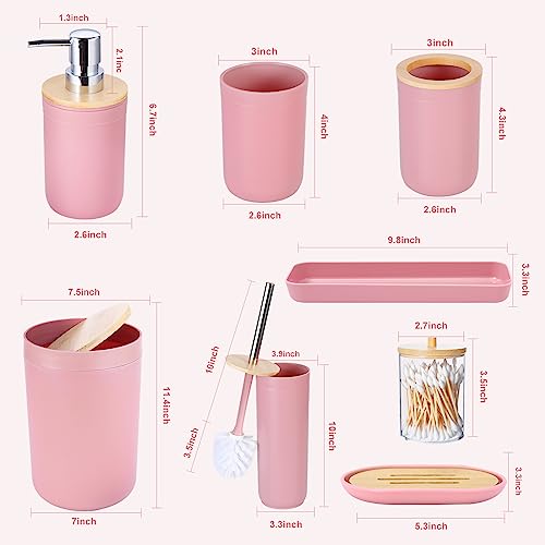 iMucci 9Pcs Pink Bathroom Accessories Set - with Trash Can,Toilet Brush,Toothbrush Holder, Lotion Soap Dispenser, Soap Dish,Toothbrush Cup,Qtip Holder,Tray - size: Bath Set, style: Pink1