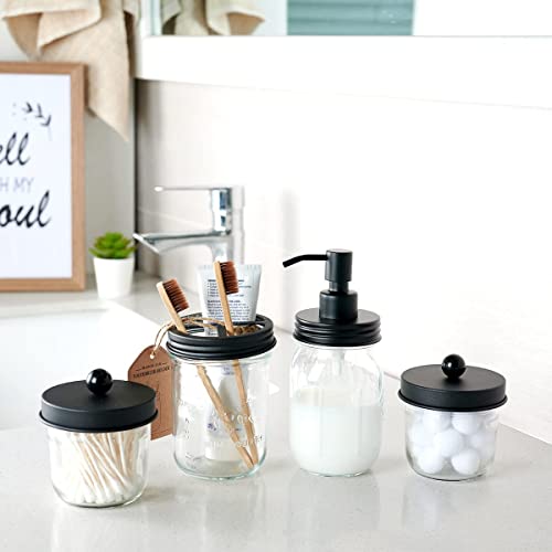 Amolliar Mason Jar Bathroom Accessories Set(4 Pcs) -Lotion Soap Dispenser &Cotton Swab Holder &Toothbrush Holder-Rustic Farmhouse Decor Apothecary Jars Vanity Organizer-Rustic Farmhouse Decor (Black) - size: Black, style: Wide-mouth