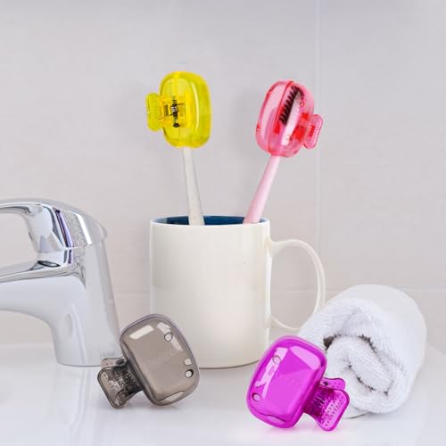 Hxezoc 4 Pack Toothbrush Covers Toothbrush Holders Toothbrush Protector Cap Brush Pod Case Protective Portable Plastic Clip for Household Travel, Camping, School, Bathroom, Business - color: Grey, Yellow, Purple, Pink